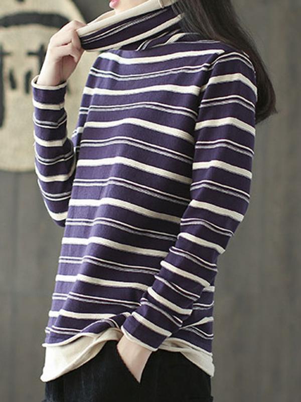 Striped High Neck False Two Knitting Sweater