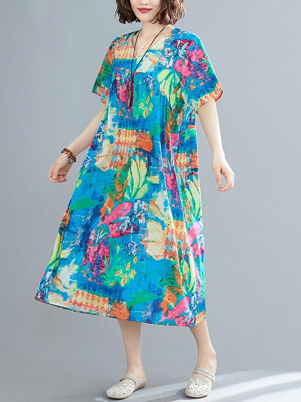 Loose Floral V Neck Dress