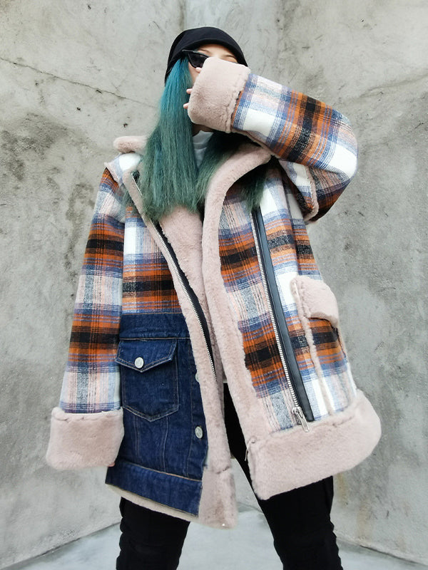 Women Plaid Stitching Loose Casual Coat