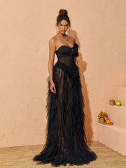 Titania One Shoulder Tulle Maxi Dress In Black