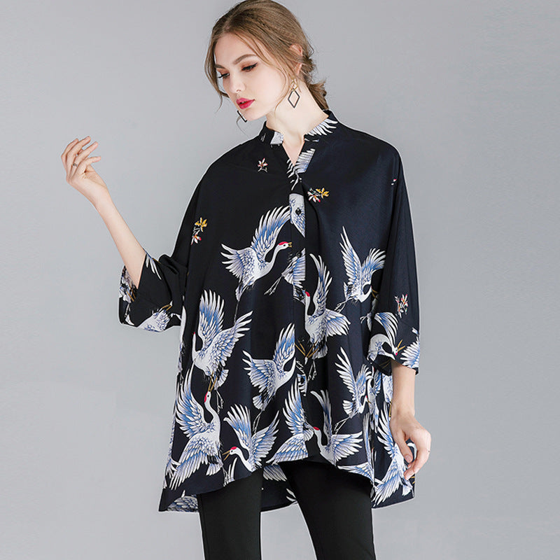 Crane Print Loose Oversized Shirt