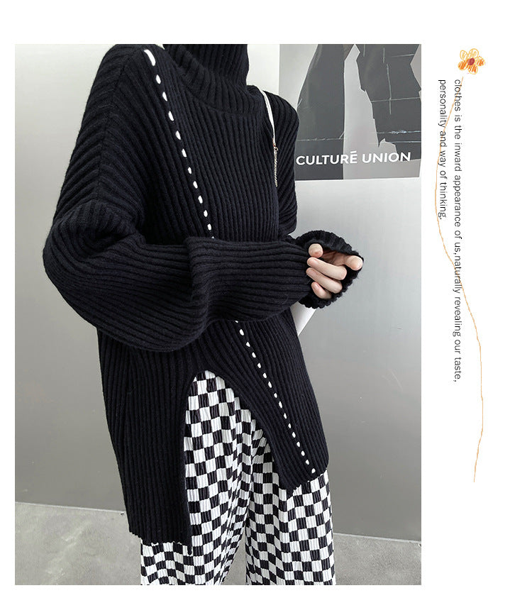 Loose Solid Color High-Neck Split Sweater