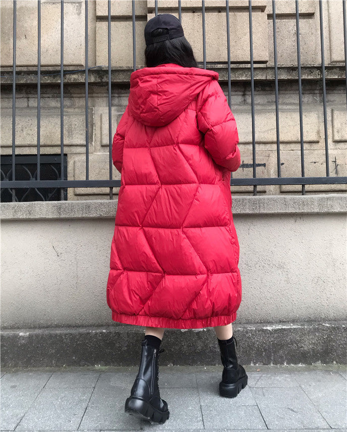 Large Size Loose Mid-Length Thick Hooded Down Coat