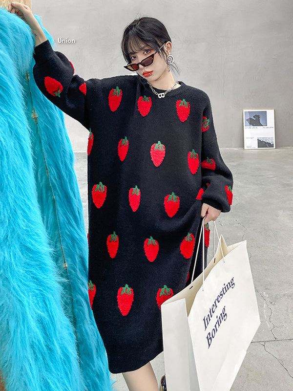 Loose Strawberry Jacquard Knit Midi Dress