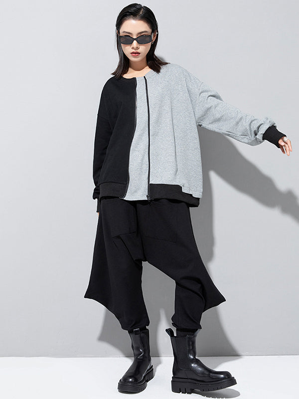 Casual Roomy Long Sleeves Contrast Color Split-Joint Zipper Round-Neck Sweatshirt Tops