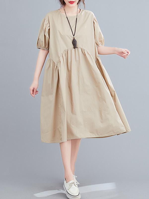 Fashion Solid Pleats Bishop Sleeve Dress