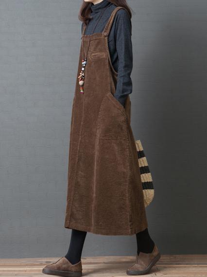 Casual Corduroy Long Suspender Skirt