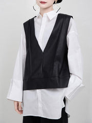 Black V-Neck Fleece PU Vest