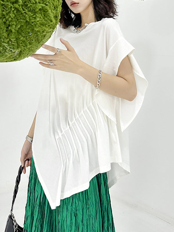 Irregular Clipping Roomy Pleated Pure Color Split-Joint Round-Neck T-Shirts