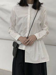 Asymmetric Buttoned Pleated Pure Color Long Sleeves Round-Neck Blouses&Shirts Tops