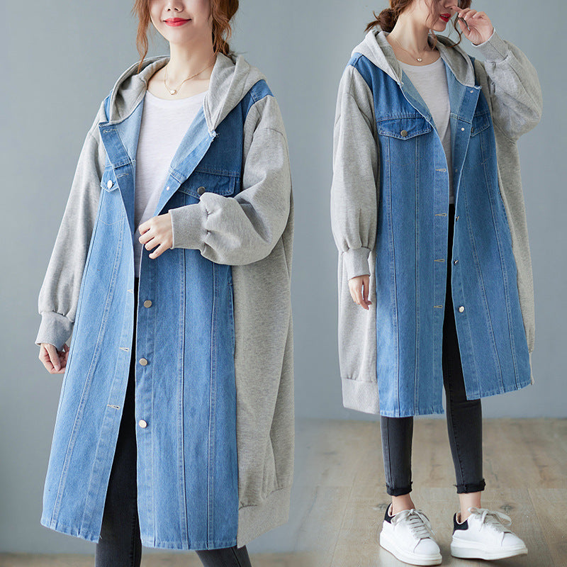 Large Size Hooded Denim Stitching Mid-Length Coat