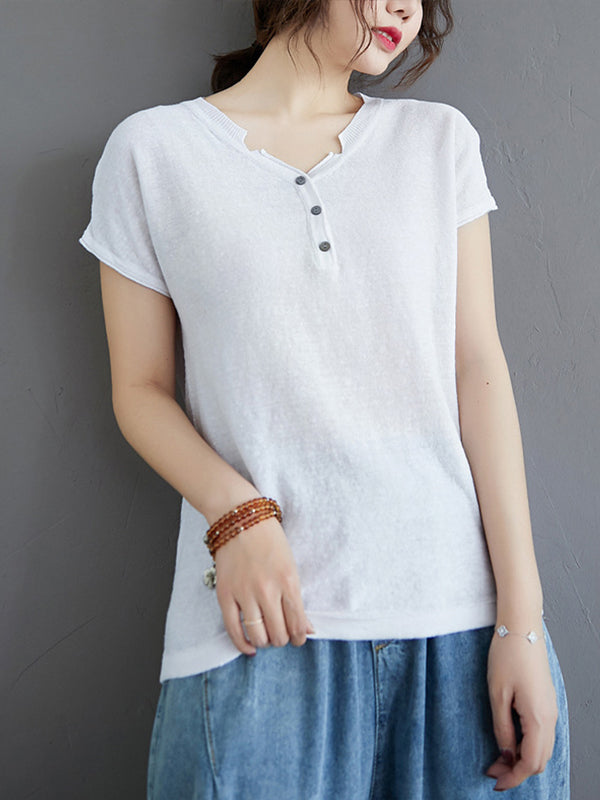 Women Solid Color V-Neck Buttoned Loose Short Sleeve T-Shirt