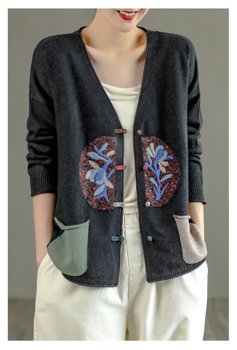 Vintage Printed Plate Button Sweater Coat