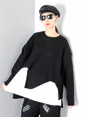 Women Stitching Round Neck Solid Color Irregular Sweater