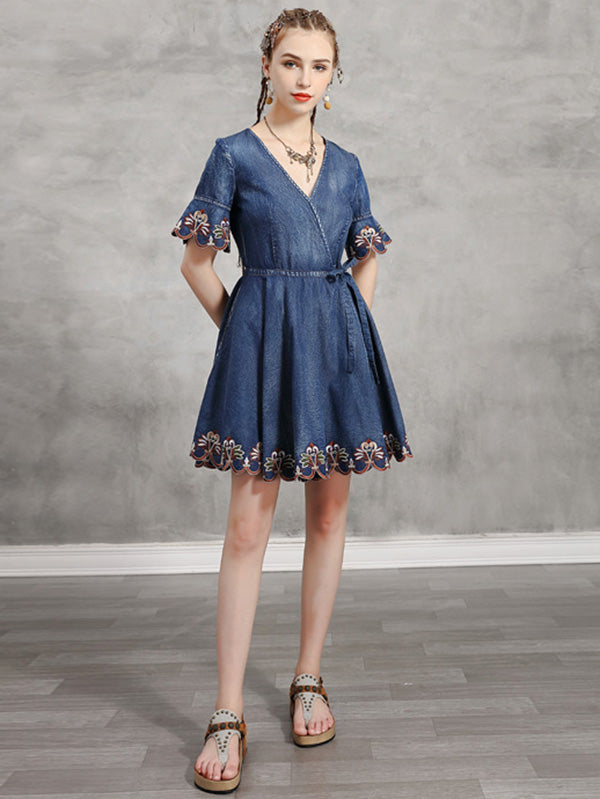 Original Applique V-Neck Denim Dress