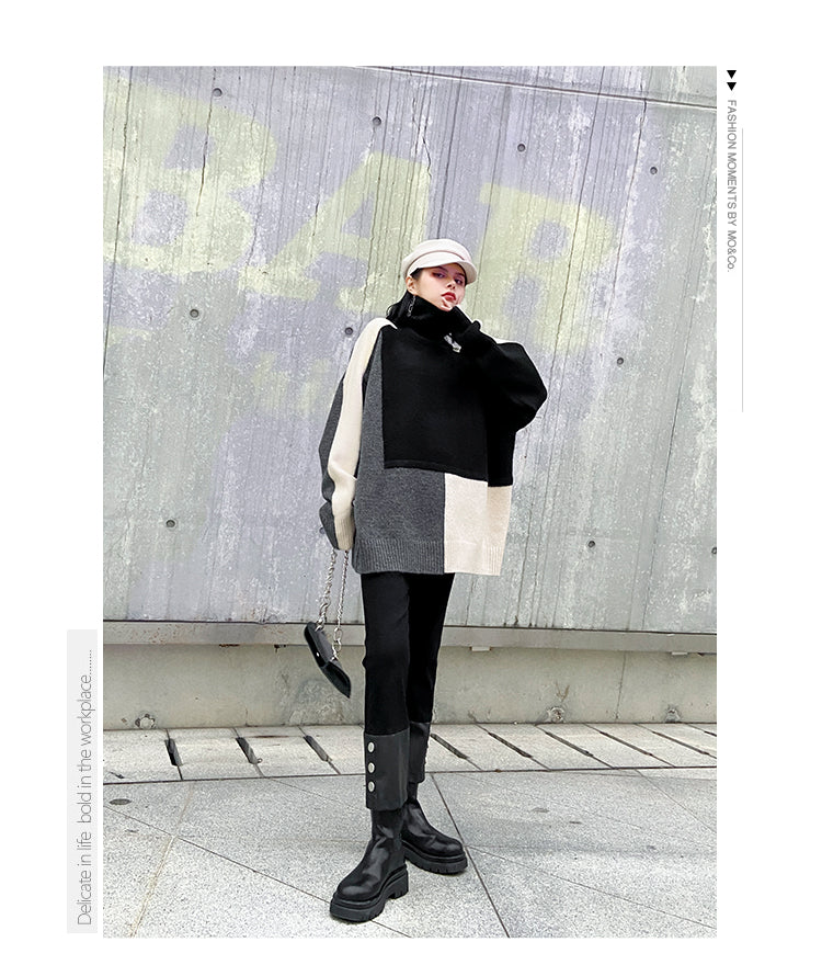 Urban Color-Block Splicing Knitted High-Neck Sweater