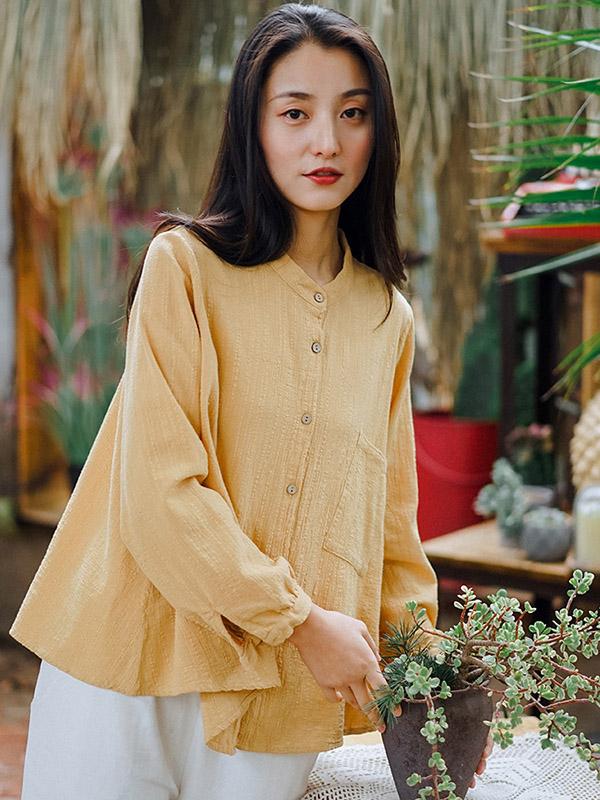 Solid Loose Pleated Stand Collar Shirt