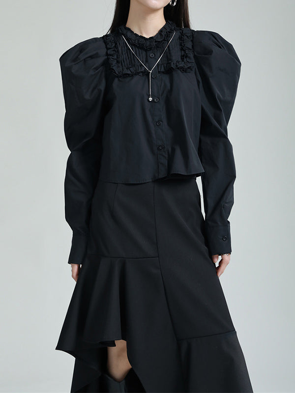 Long Sleeves Bishop Sleeve Split-Joint Pure Color Round-Neck Blouses&Shirts Tops