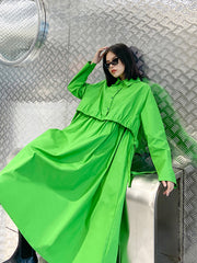 Women Lapel Long Sleeve Solid Color Dress