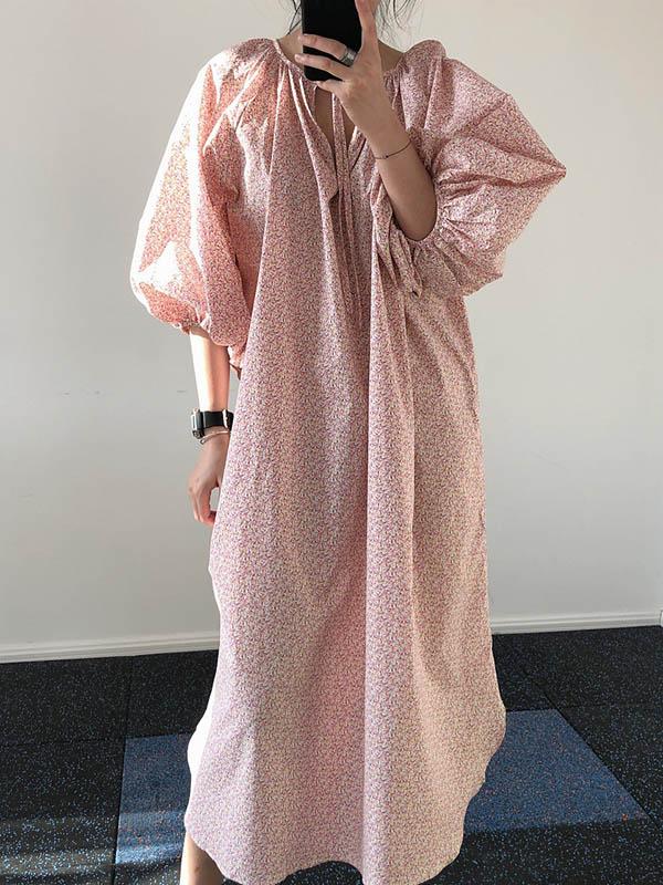 Loose Puff Sleeve Floral Midi Dress