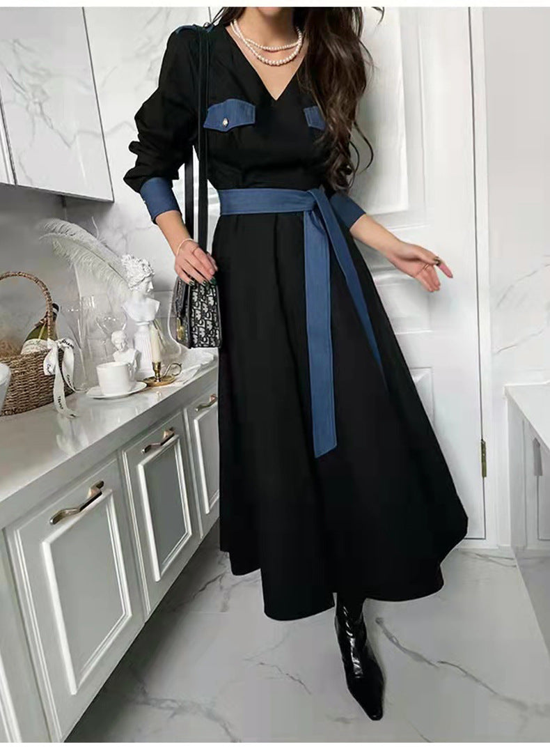 Retro Lace-Up Long-Sleeve V-Neck Midi Dress