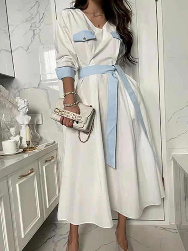 Retro Lace-Up Long-Sleeve V-Neck Midi Dress