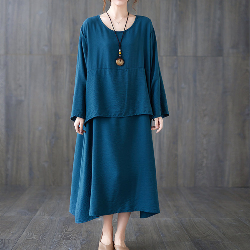 Loose Solid Color Round Neck Midi Dress