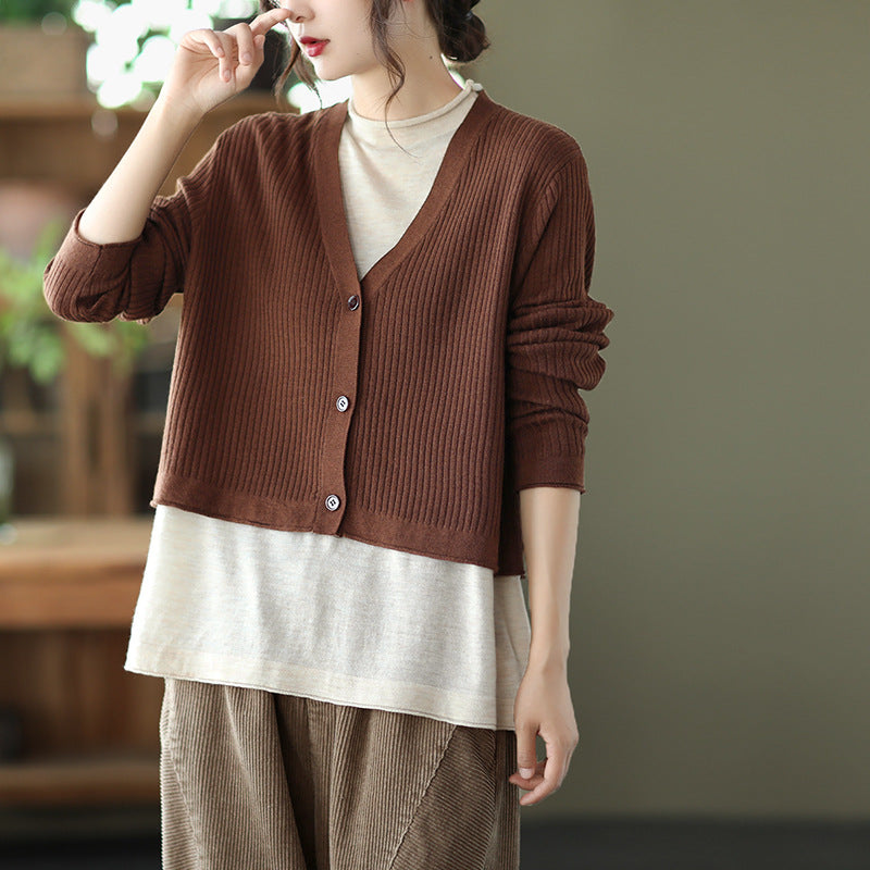 Retro Color-Block Fake Two-Piece Knitted Sweater Cardigan