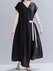 Solid Color V-Neck Tie Raglan Sleeve Plus Size Maxi Dress