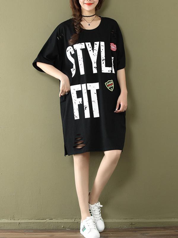 Loose Oversize Printed Letter Shredded Dress