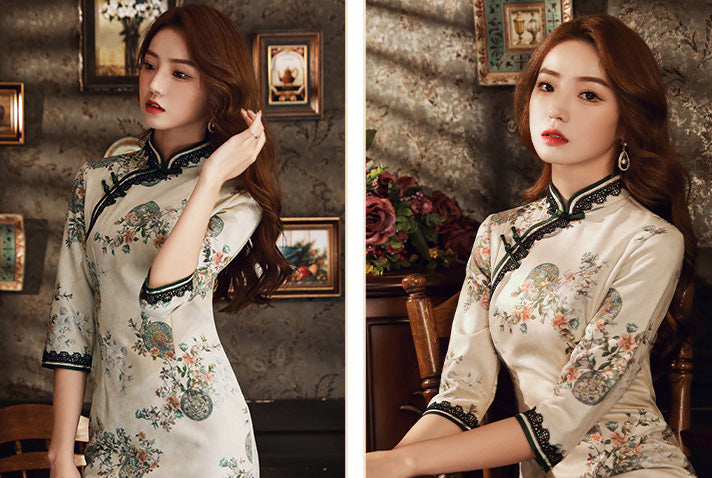 Stand-Up Neckline, High Slit, Seven-Part Sleeve Lace Cheongsam Maxi Dress