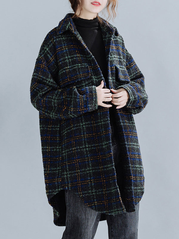Large Size Loose Mid-Length Plaid Thick Woolen Coat