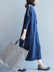 Blue High-neck Knitting Soft Sweater Dress