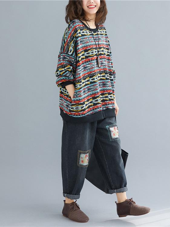 Retro Colorful Striped Warm Loose Sweater