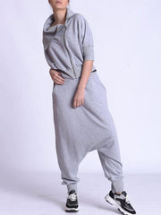Loose Solid Color Irregular Zipper Half Sleeves Outwear&Elasticity Harem Pants 2 Pieces Set