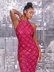 Liora Sequin Crystal Maxi Dress In Hot Pink