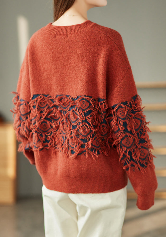 Vintage Jacquard Tassel Round Neck Knitted Loose Sweater