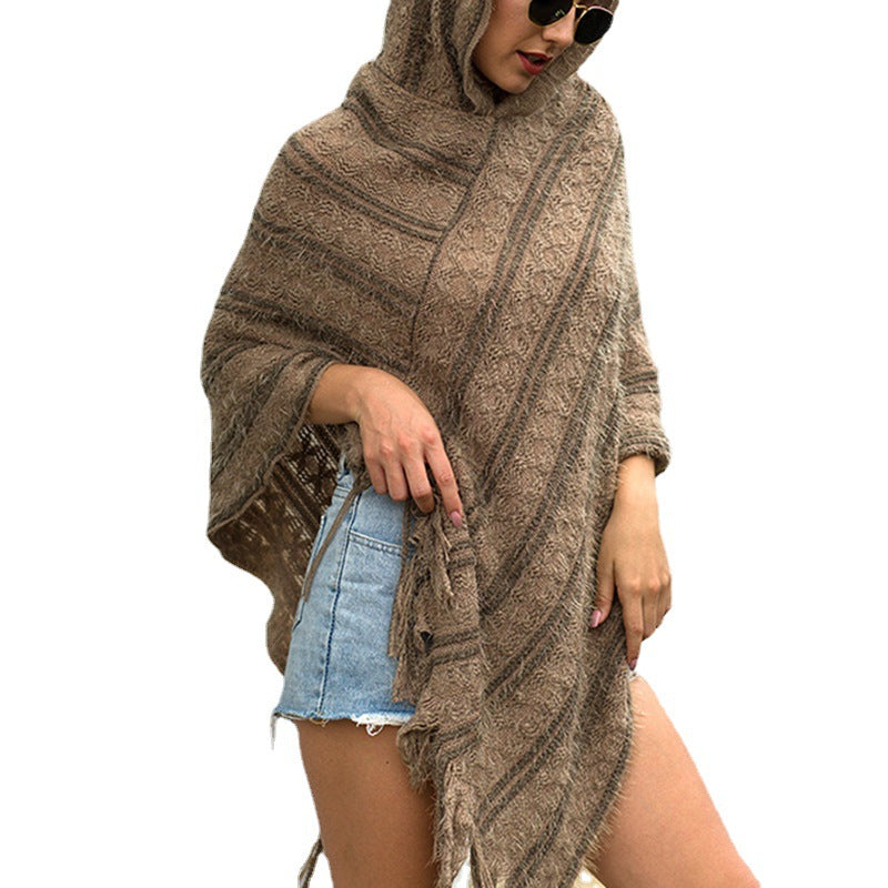 Casual Striped Knitted Hooded Shawl Sweater