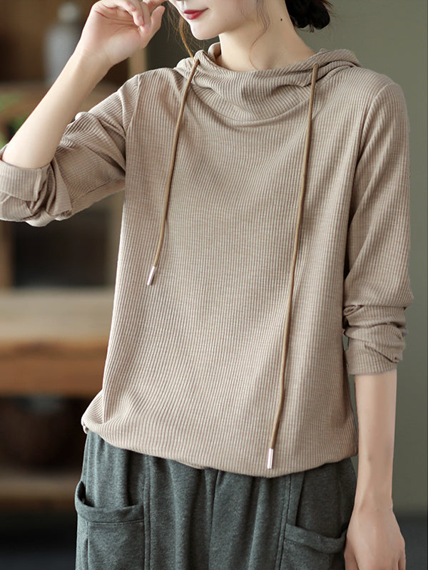 Solid Color Pit Striped Hooded Loose T-Shirt