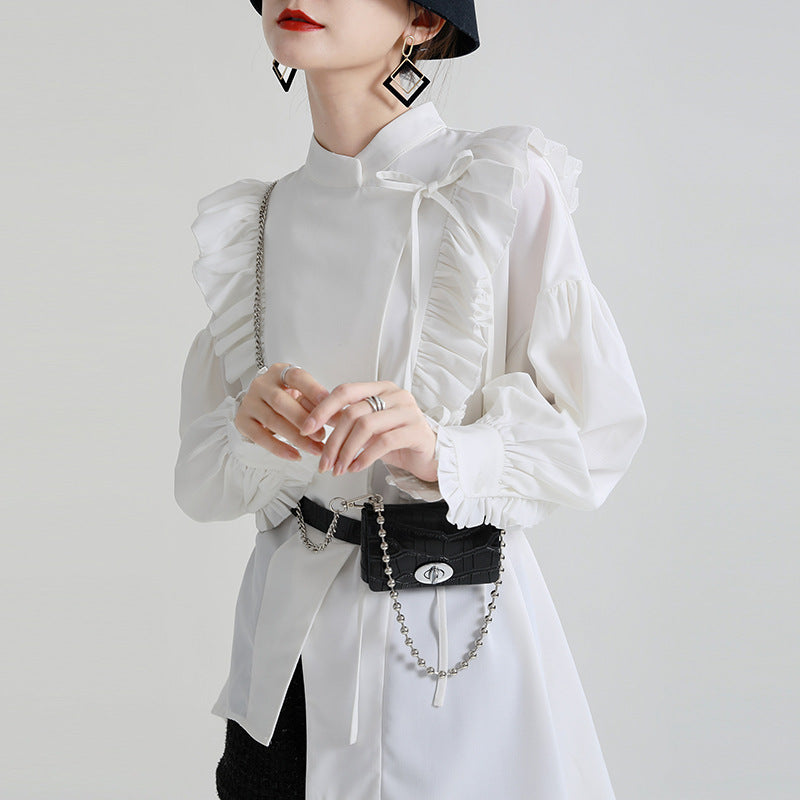 Irregular Tie Long Sleeve Loose White Shirt