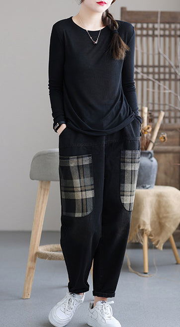 Retro Loose Stitching Pocket Plaid Jeans