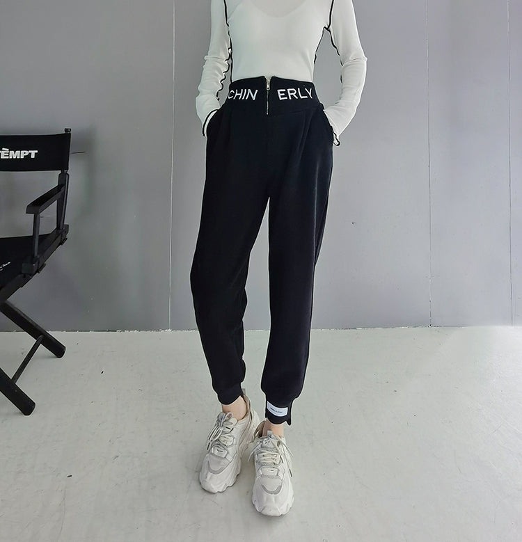 High Waist Embroidered Letter Zipper Pants