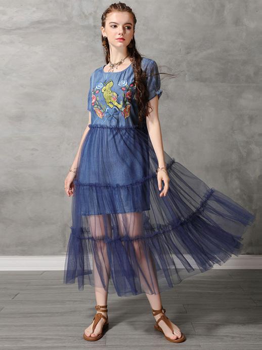 Mesh Split-joint Embroidered Midi Dress