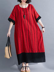 Loose Striped Split-Joint Cotton Dress