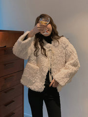 Casual Lace-Up Plush Short Coat
