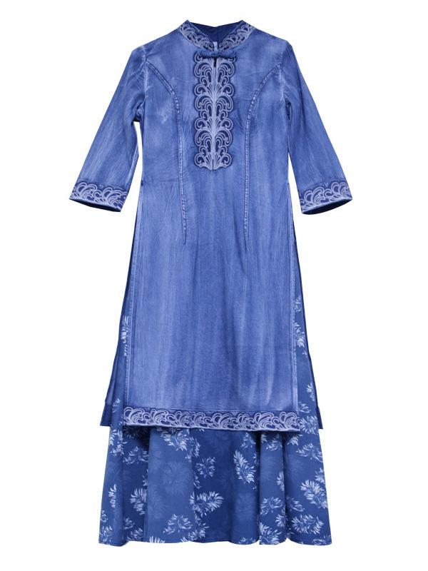 Retro Embroidered Split-joint Denim Dress