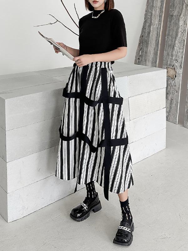 A-Line Roomy Striped Elasticity Split-Joint Streamer Skirts Bottoms