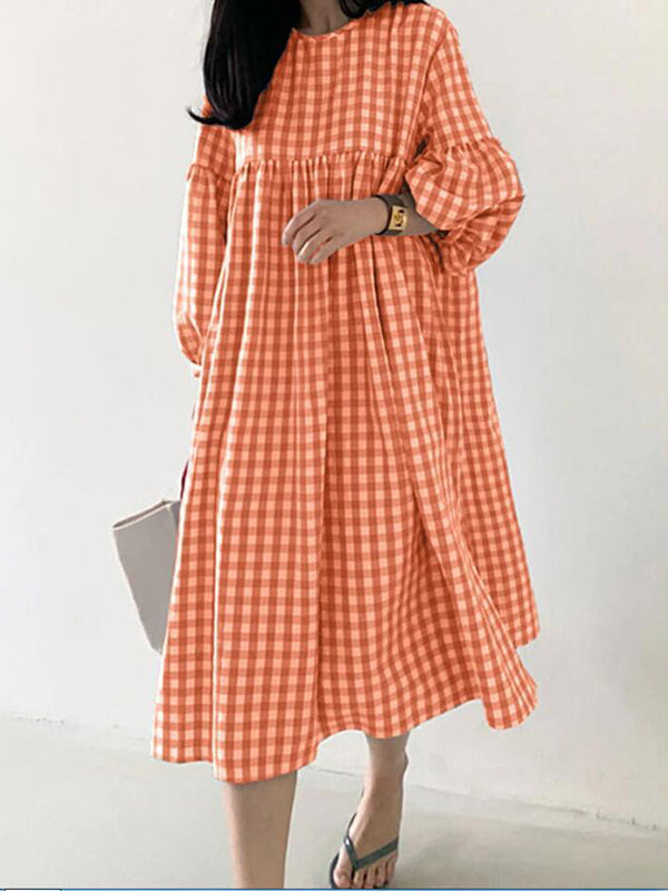 Casual Plaid Loose Long Sleeve Midi Dress