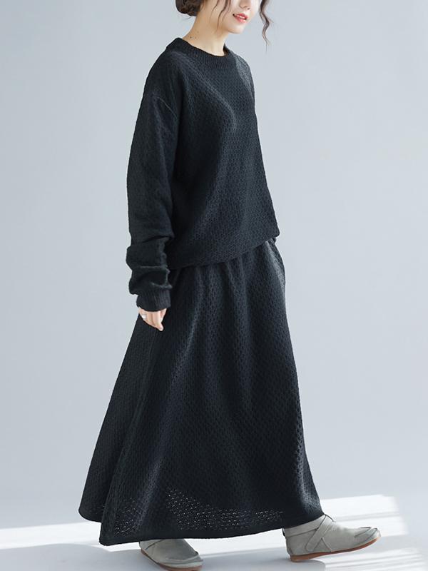 Loose Knitting Round-neck Sweater+Skirt Suits