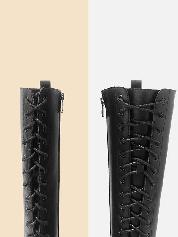 Casual Lace-Up Slim Black Long Boots